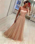 Sexy Champagne Gold Prom Dresses Sheer Long Sleeves Pearls Tulle Long Evening Gowns